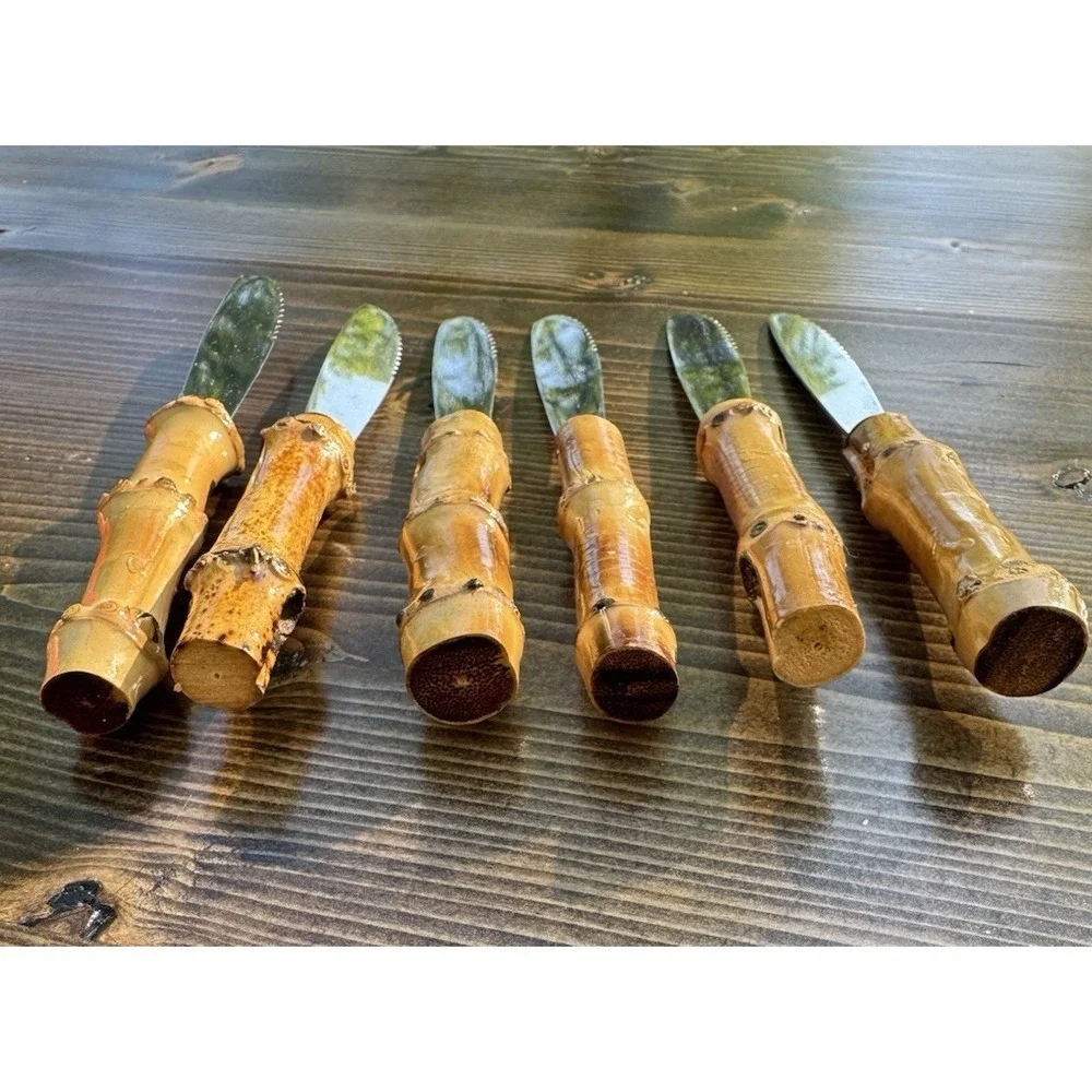 Vintage Horchow Serrated Bamboo Handle Steak Knives Set 6 Japan Chinoiserie Boxe